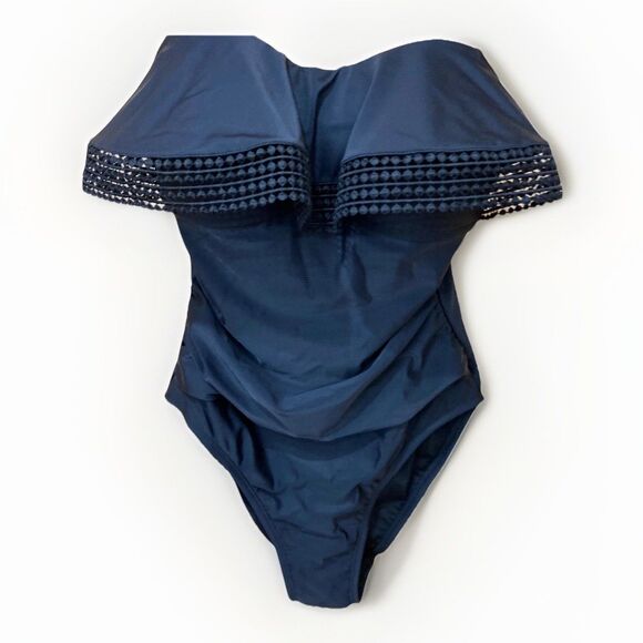 Kona Sol Swimsuit Black Sz S Women' Crochet Flounce Bandeau One Piece One strap - Picture 2 of 13